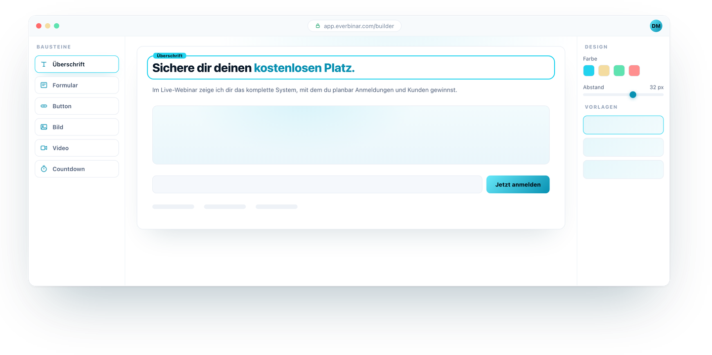 Everbinar Landing-Page-Builder mit Drag-and-Drop-Bausteinen, Live-Vorschau und Design-Panel.