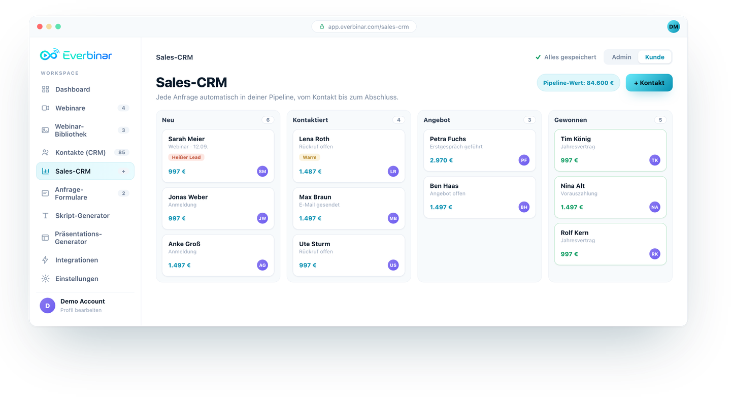 Everbinar Sales-CRM mit Pipeline-Stufen und vollstaendiger Lead-Historie.