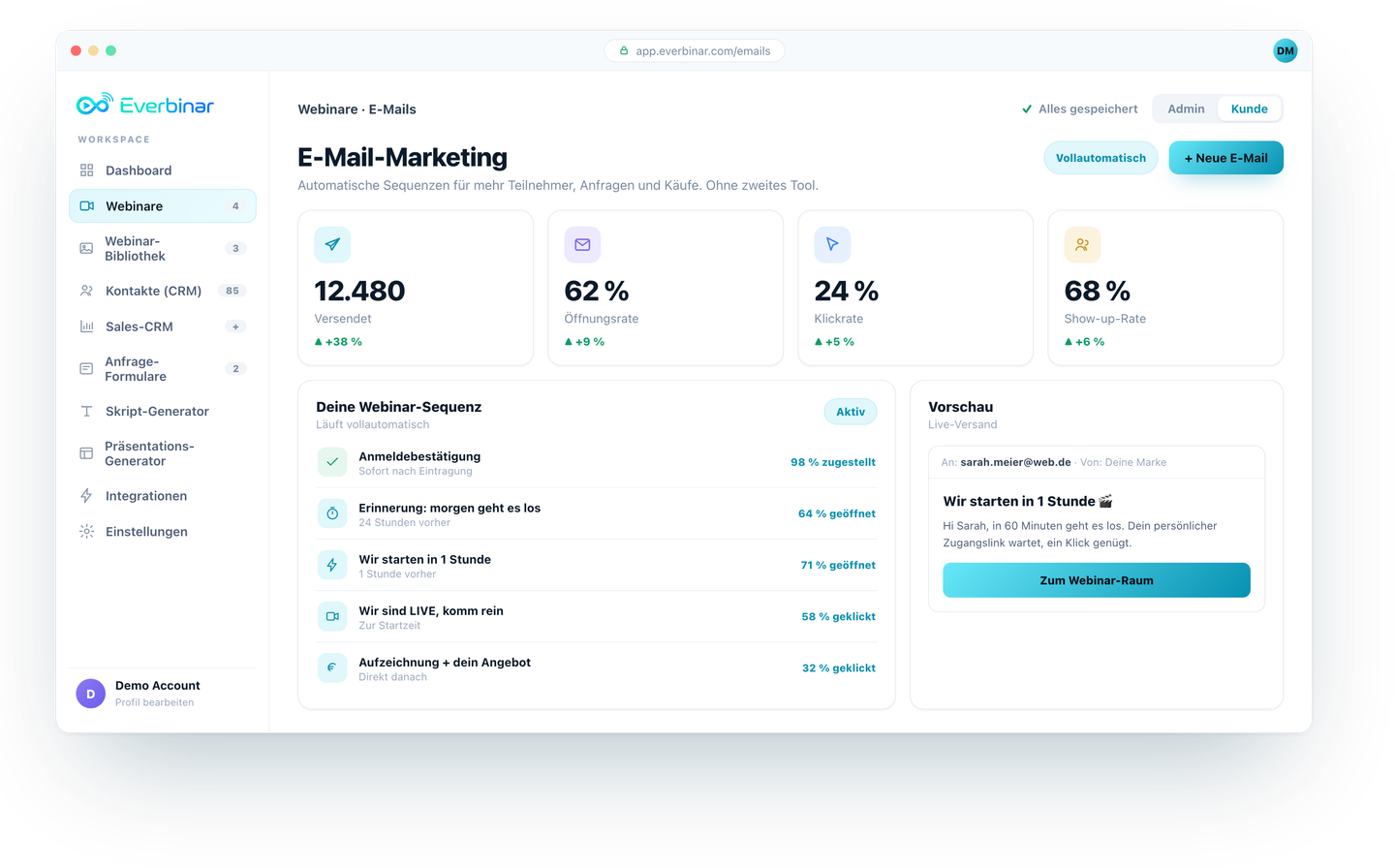 Everbinar E-Mail-Marketing mit automatischer Webinar-Sequenz, Oeffnungsraten und E-Mail-Vorschau.