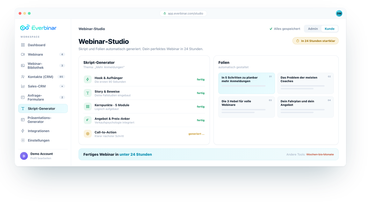 Everbinar Webinar-Studio: Skript-Generator und automatisch gestaltete Folien.